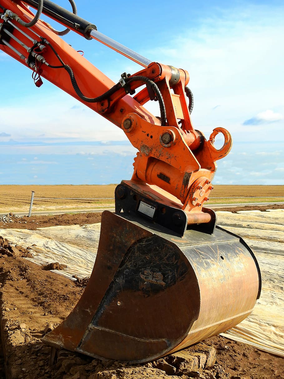 orange, brown, heavy, equipment, blue, sky, daytime, excavators, machine, construction machine