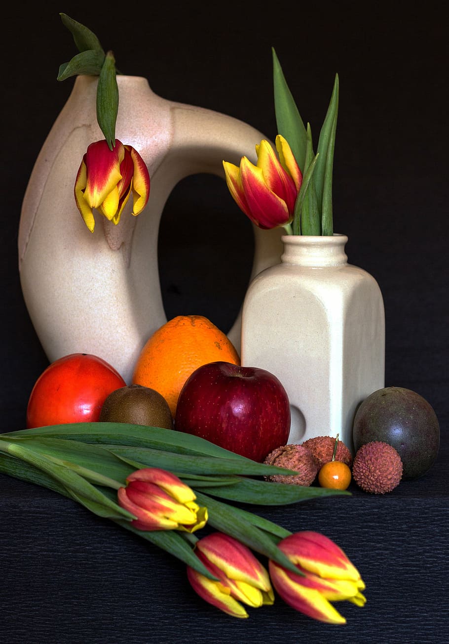 still life, fruits, tulips, tropical fruits, fruit, food and drink, food, freshness, healthy eating, wellbeing