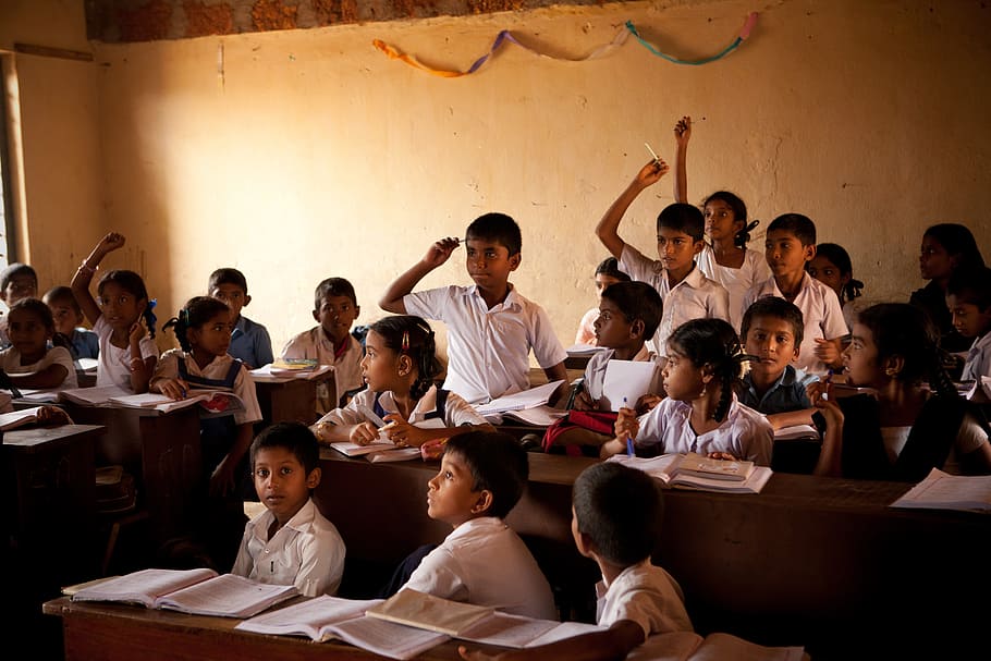 several, children, raising, hands, school, class room, boys, mangalore, india, group of people