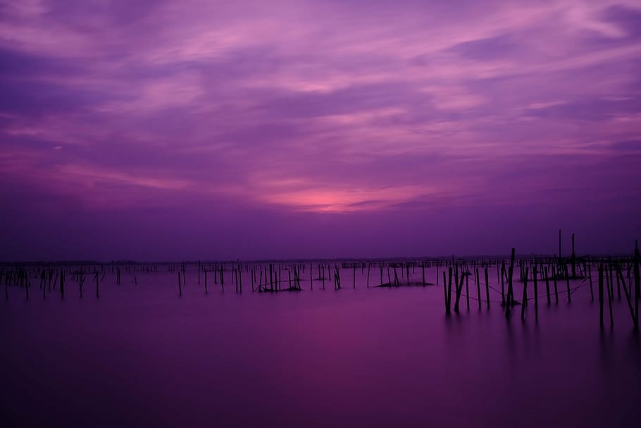 Cuerpo, agua, nublado, cielo, puesta de sol en la laguna de tam giang, vietnam, puesta de sol, la tarde, la nube, calle