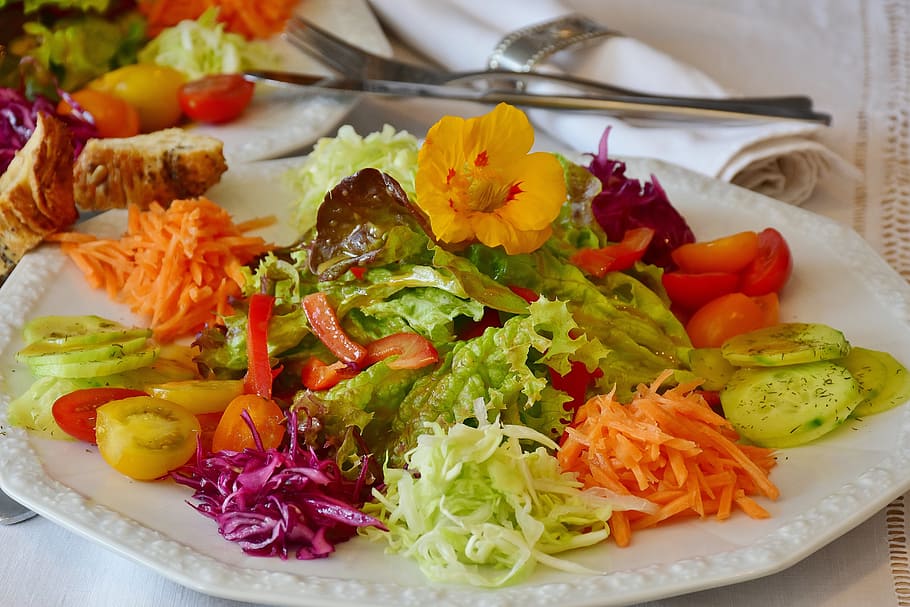 vegetable salad, salad, salad plate, plate, cutlery, tableware, porcelain, do decorate, pleasure, taste