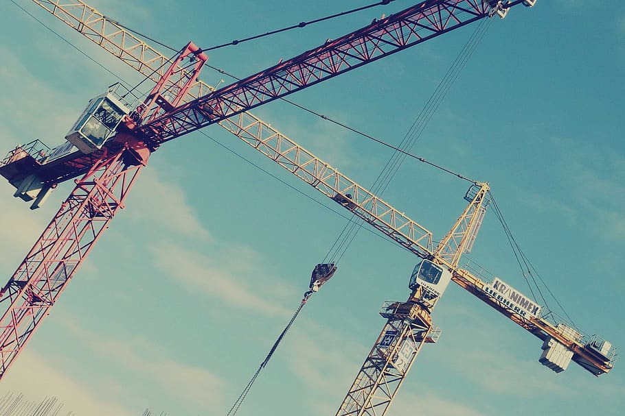 cranes, construction, industrial, blue, sky, sunshine, machinery, low angle view, construction industry, crane - construction machinery