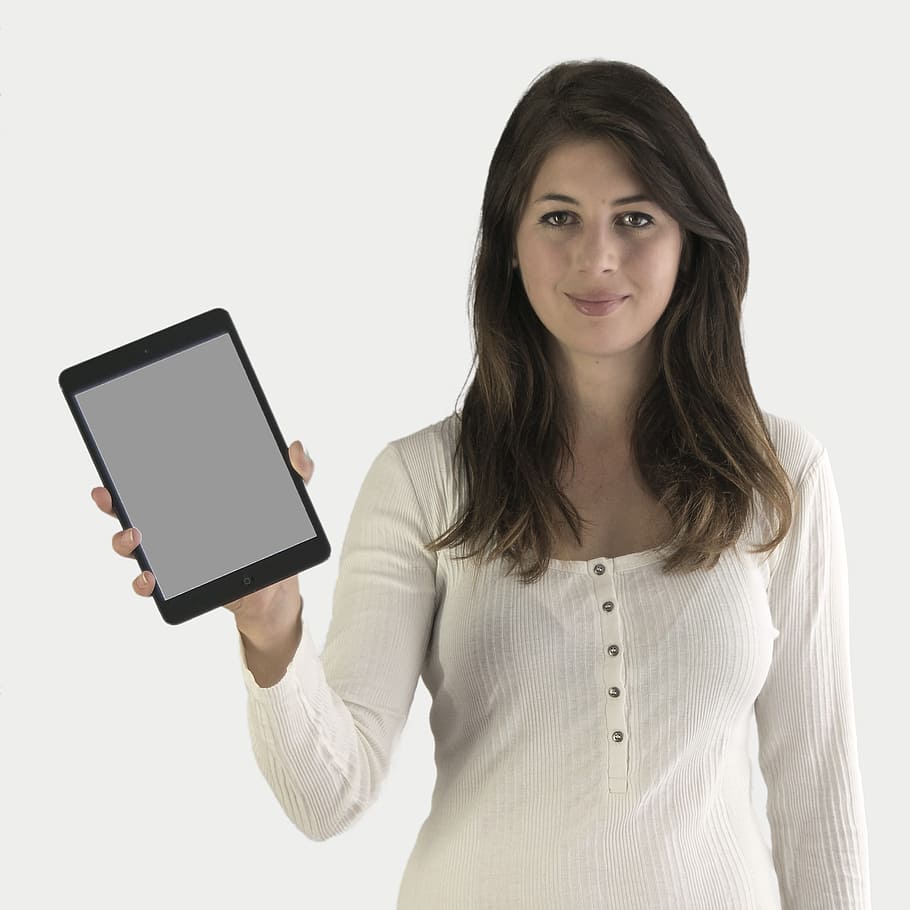woman, wearing, henley, long-sleeved, top, holding, black, ipad, presentation, screen