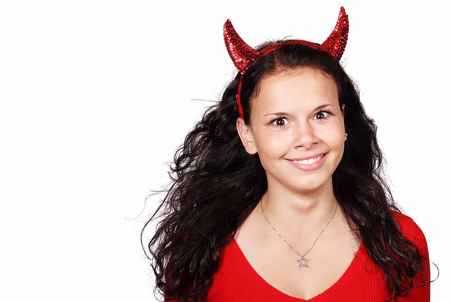 woman, wearing, red, devil alice band, costume, demon, devil, face, female, girl