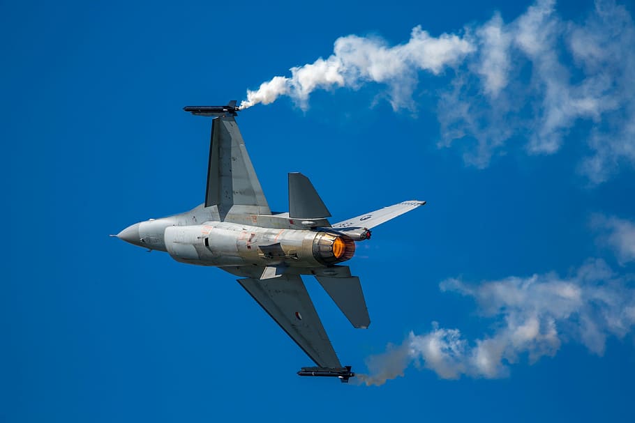 aircraft, air show, air14, air show air14, payerne, switzerland, general dynamics, f 16, fighting falcon, smoke