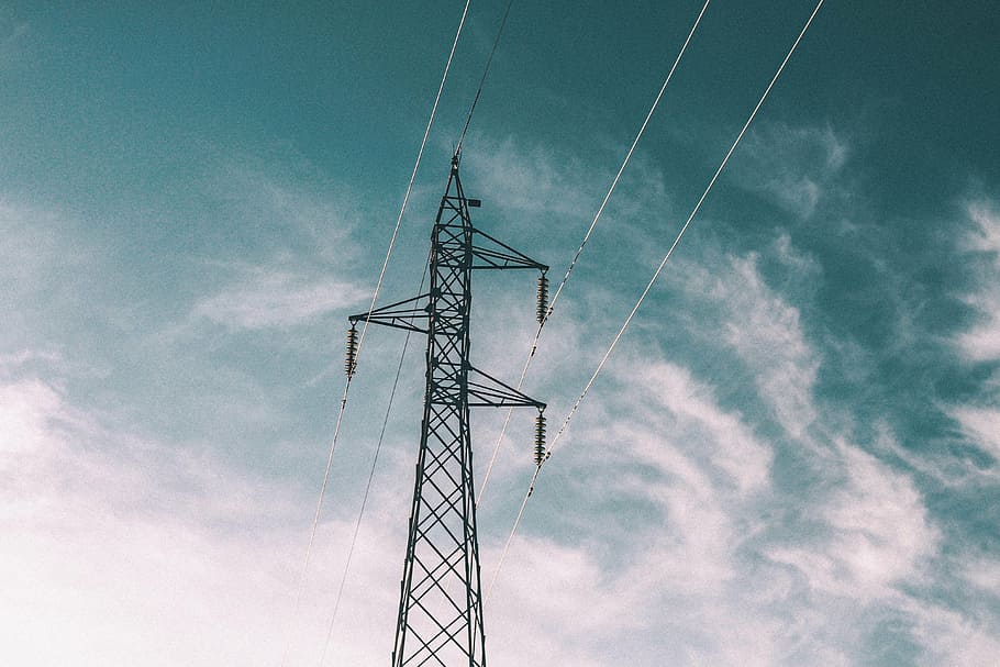 black, utility pole, clear, blue, sky, electric, post, power lines, clouds, cable