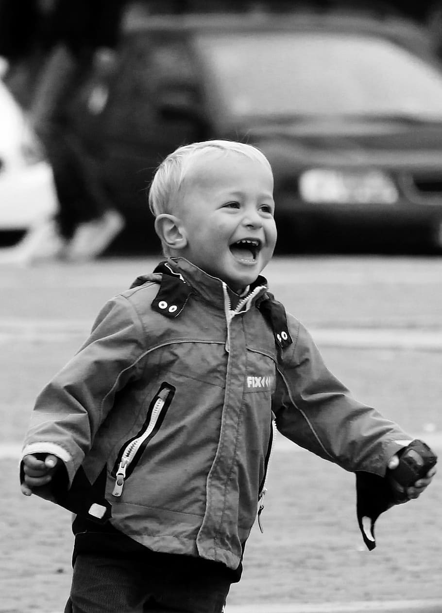 grayscale photo, toddler, jacket, laughter, fun, happiness, boy, child, funny, happy