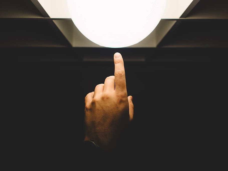 shallow, focus photography, human, hand, person, pointing, finger, light, lamp, human hand