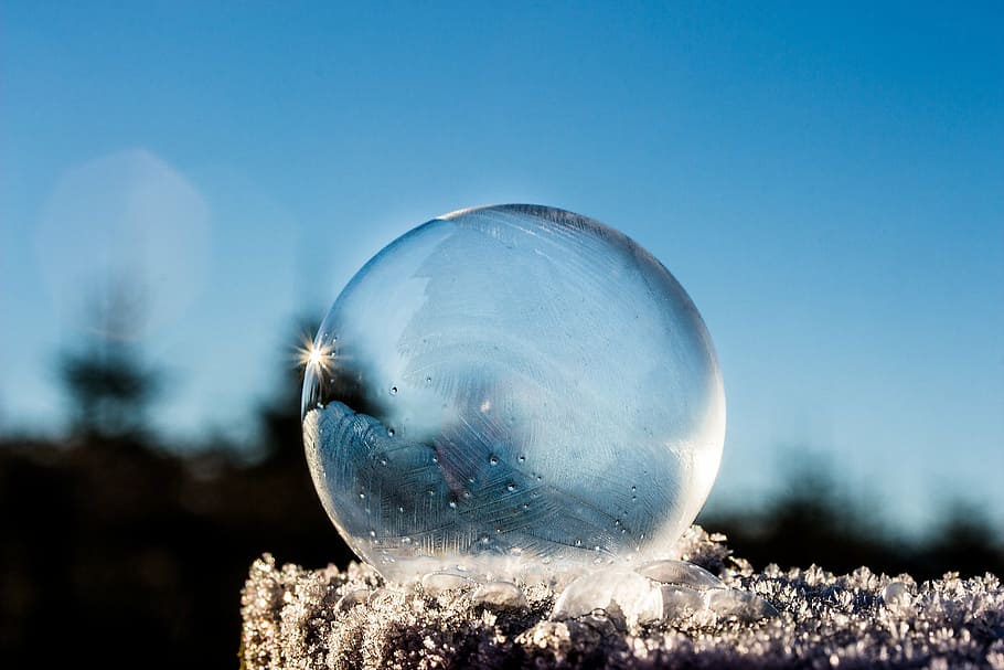 round, clear, glass ball decor, frozen bubble, soap bubble, frozen, winter, sunbeam, sun, landscape