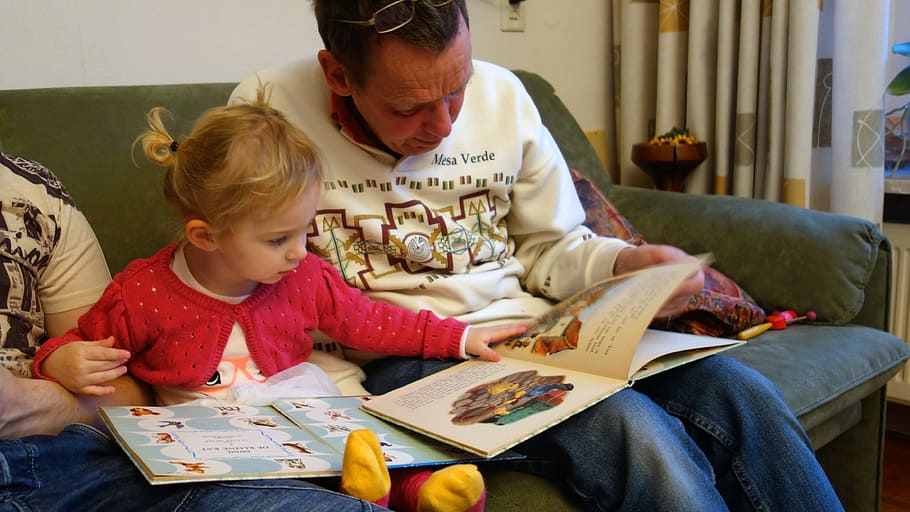 man, child reading books, read, for reading, language development, book, child, carefully, girl, grandchild