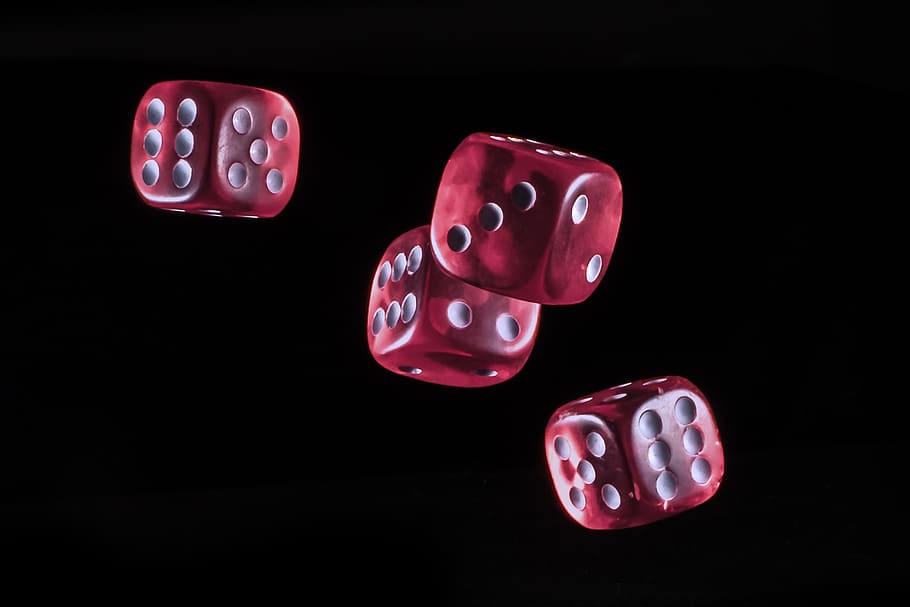 four red dice, cube, gambling, play, light, glass cube, win, pay, hope, addiction