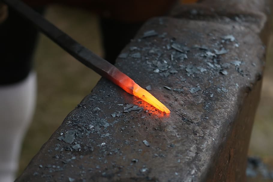 lit, black, steel bar, anvil, red, hot, metal, steel, heat, foundry