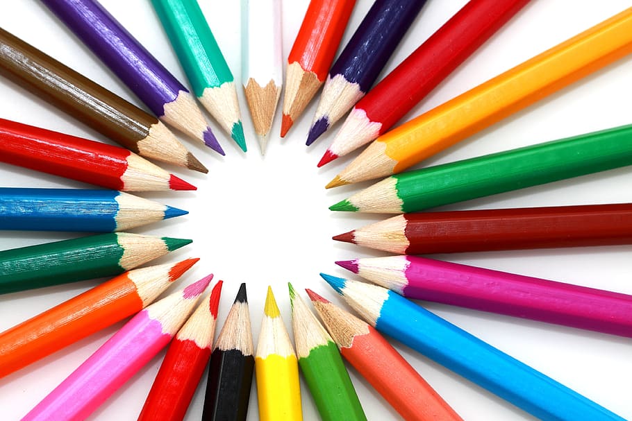 여러 색깔의 연필 로트, 예술적, 밝은, 색깔, 색깔의, 화려한, 그림 물감, 채색 된, 무늬, 연필