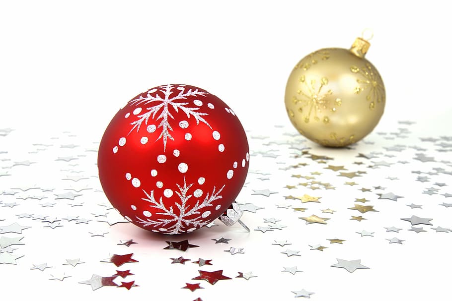 two, gold-colored, red, baubles, balls, celebration, christmas, ornament, december, decorate