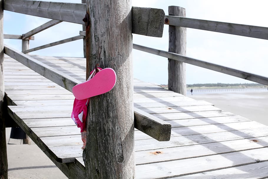 pink, flip-flop, hanging, dock, flip flops, beach, fun bathing, sea, sun, sand