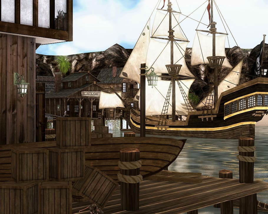cidade pirata, cidade, navio pirata, barco, edifícios, docas, domínio público, veleiro, madeira, madeira - material