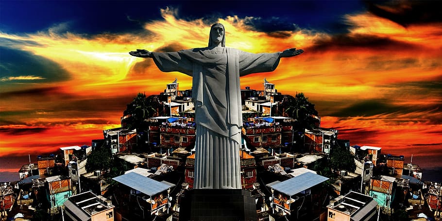 キリストの贖いの図, リオデジャネイロ, キリスト, ファベーラ, 丘, カリオカ, コルコバード, 日没, 空, 雲-空