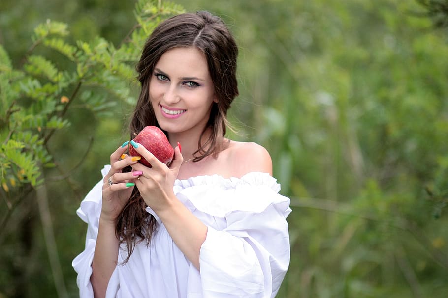 woman, holding, red, apple fruit, snow white, march, forest, girl, beauty, smiling