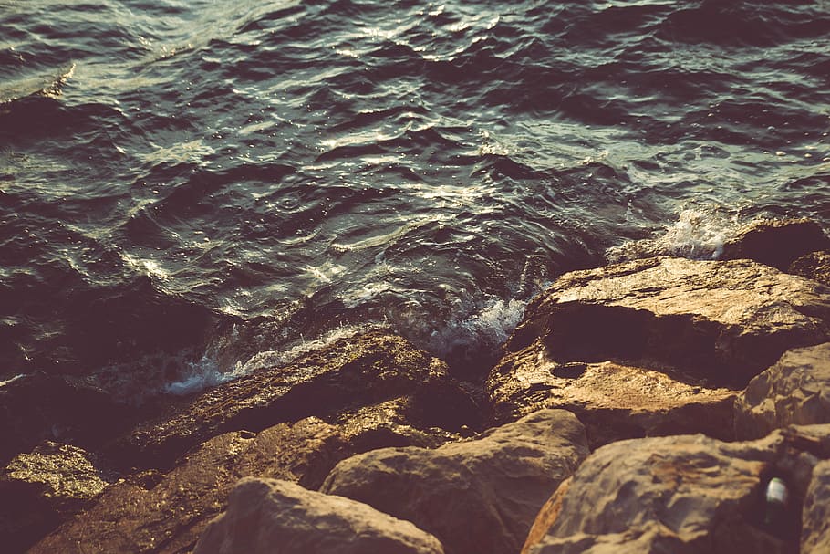 marrom, pedras, corpo, água, mar, oceano, ondas, natureza, rochas, costa