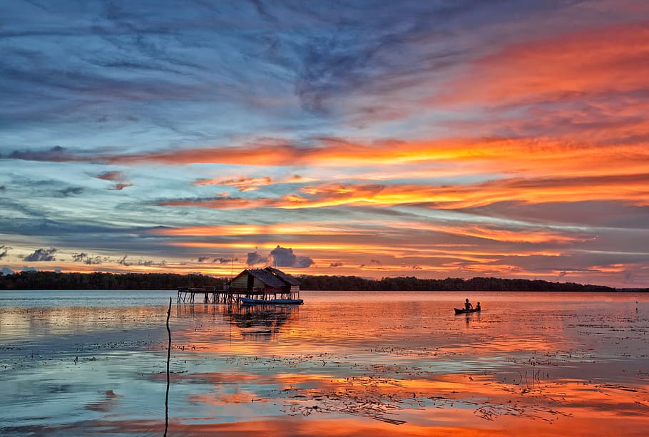 foto, marrón, casa, cuerpo, agua, Laguna, Bote, Puesta de sol, Cobertizo de agua, el cobertizo de agua