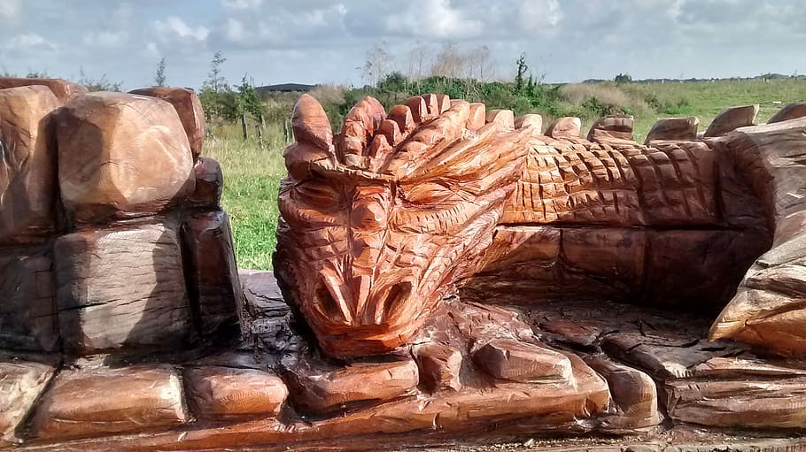 Dragão, Escultura em madeira, madeira, vermelho, árvore caída, parque natural, milton creek, sittingbourne, kent, inglaterra