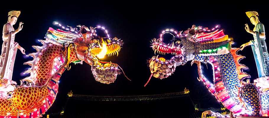 dos, dragones, tiempos nocturnos, chino, dragón chino, cultura, china, asiático, símbolo, oriental