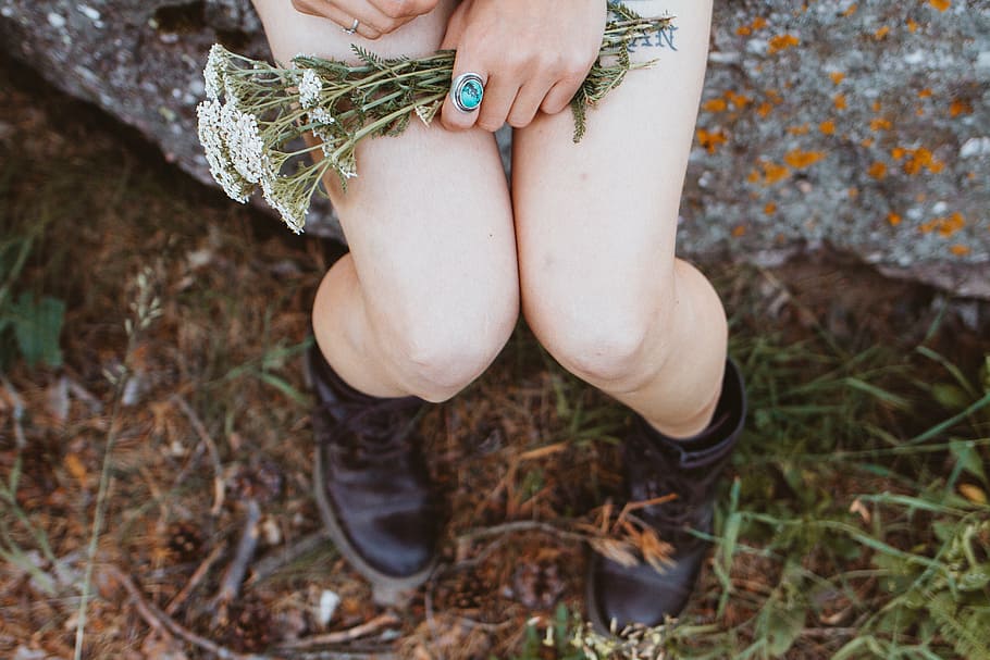 woman, wearing, boots, holding, flowers, people, girl, legs, thigh, flower