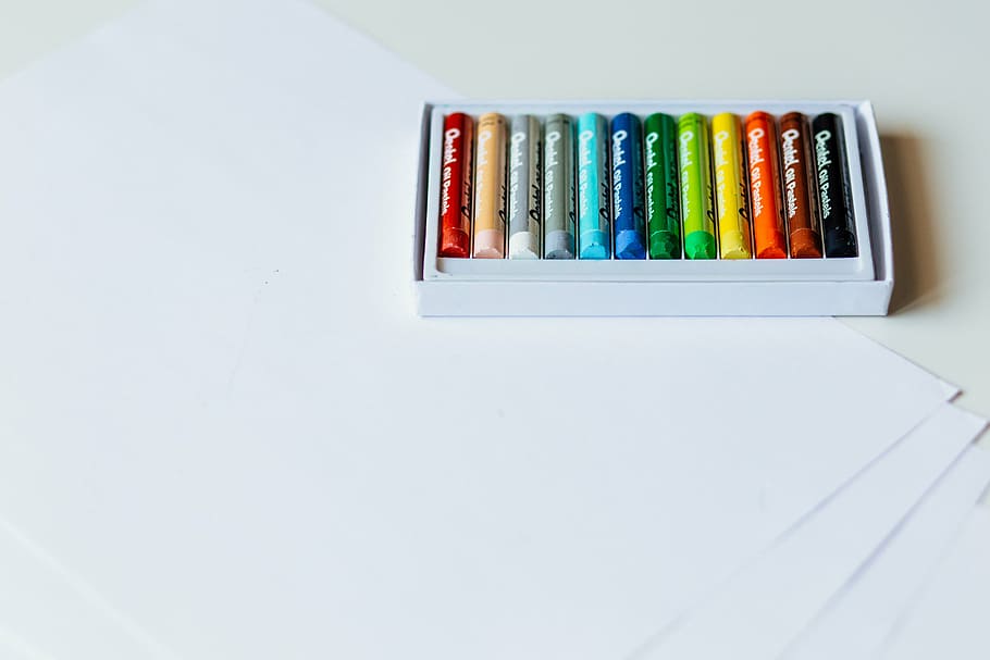 crayons, set, box, colorful, pen, art, drawing, white, paper, school