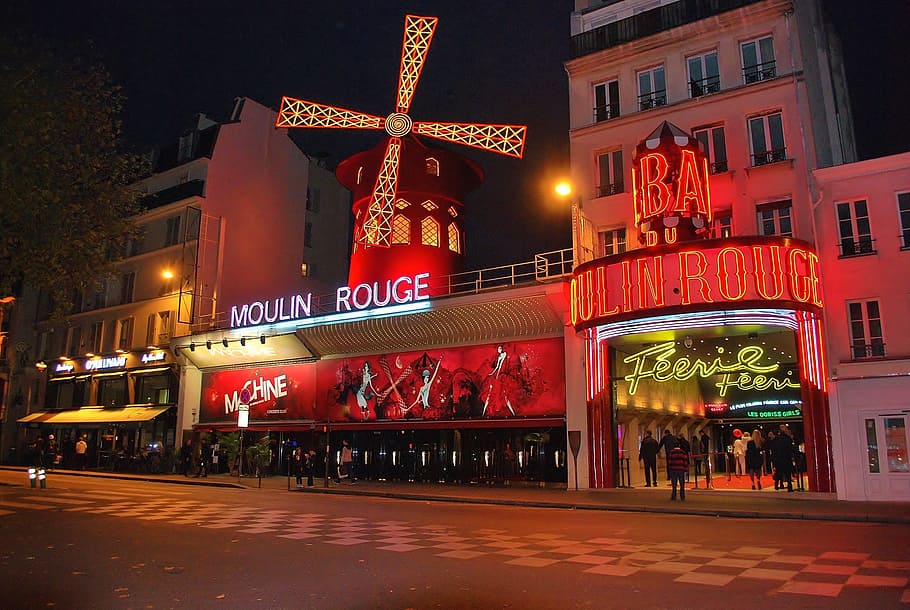 moulin, rouge, night time, Moulin Rouge, Paris, Red Mill, montmartre, night, landmark, tourist