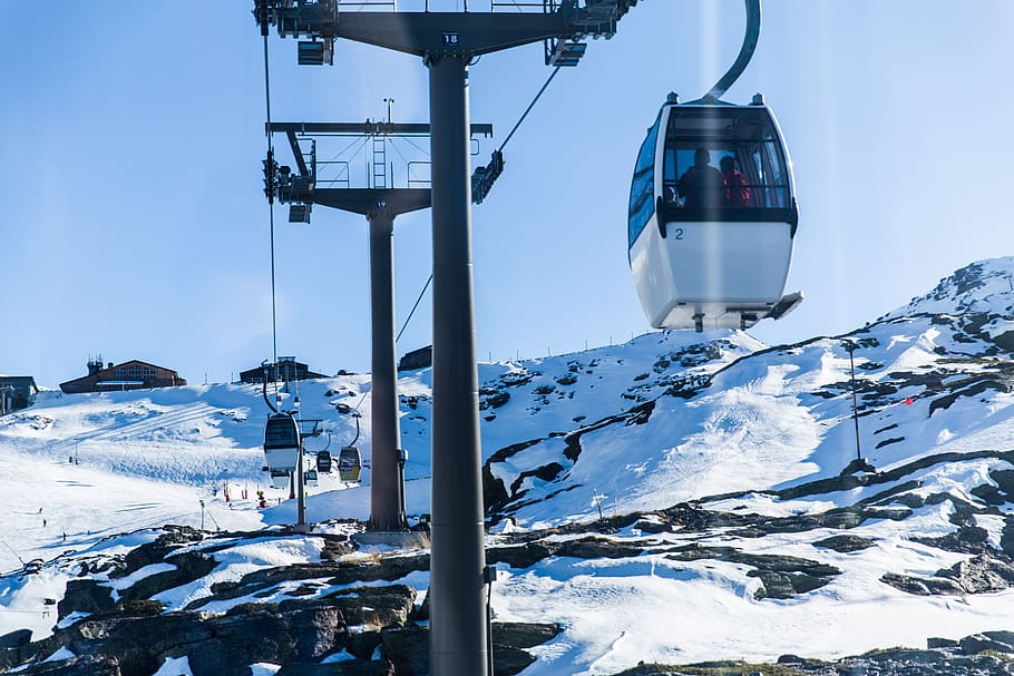 cable car, snow, mountain, cold, ice, high, blue, sky, ski, sport