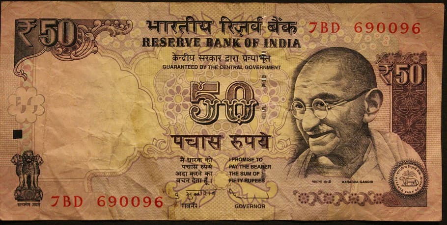 50, indio, rupia, 7bd, 690096, billete de banco, rupia india, rupias, mahatma gandhi, billetes