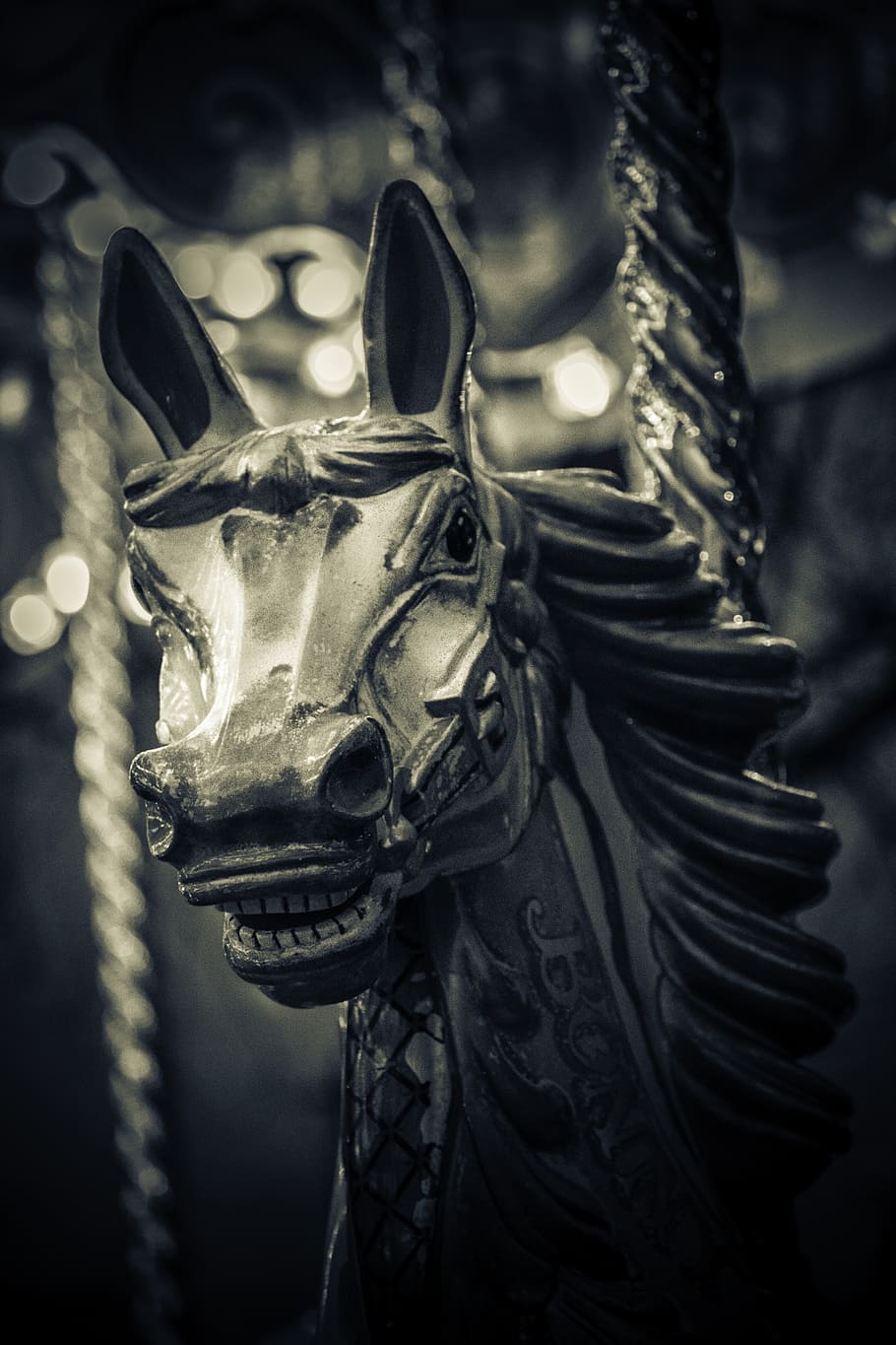 carousel horse, creepy, black and white, roundabout, scary, spooky, amusement, carnival, carousel, dark
