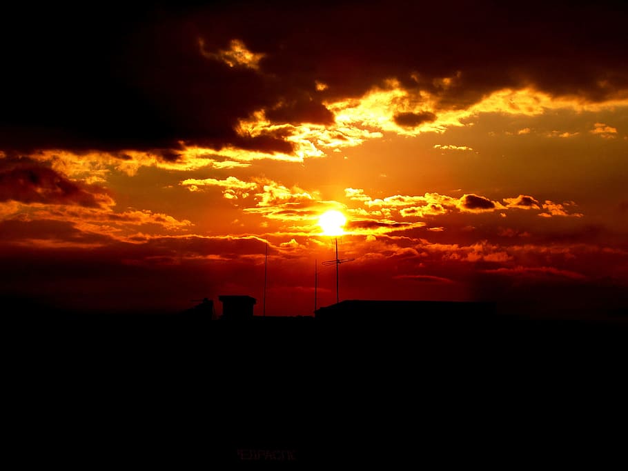 sunrise, sun, golden, clouds, dark, antennas, sunset, sky, cloud - sky, orange color