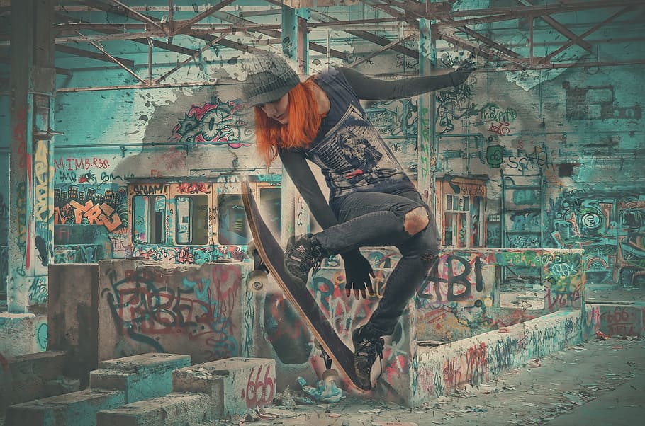 woman, wearing, black, sweatshirt, plays, skateboard, youth, lifestyle, skater, skateboarding
