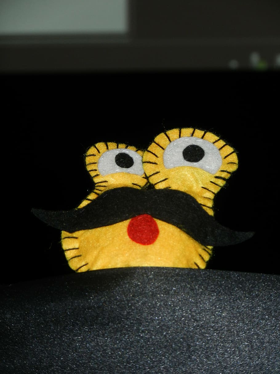 plush, the mascot, teddy bear, eyes, mustache, curiosity, yellow, representation, art and craft, creativity