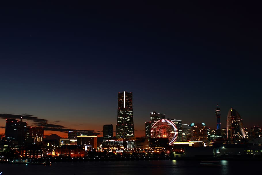 cidade à noite, Japão, Yokohama, Night View, noite, inverno, píer grande, mt fuji, horizonte urbano, paisagem urbana