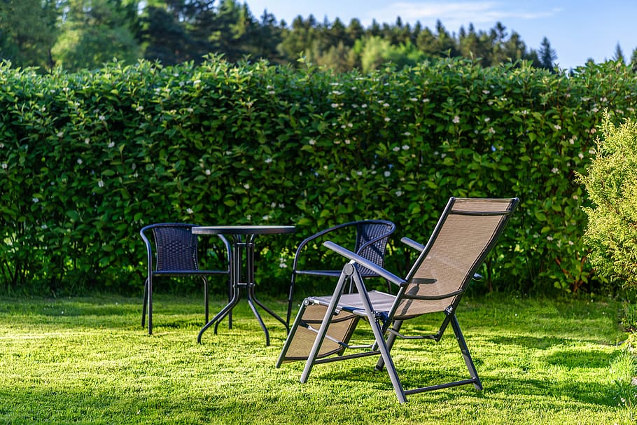 sillón en el jardín, quédese en el jardín, jardín, tumbona, césped, seto, un conjunto de jardín, mesa, sillas, el sol