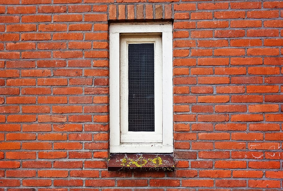 window, glass, casing, narrow window, white window, brick wall, wall, red brick wall, window in wall, architecture