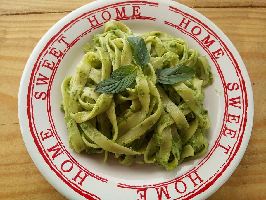 pasta, food, tagliatelle, pesto, green, table, food and drink, healthy eating, indoors, plate