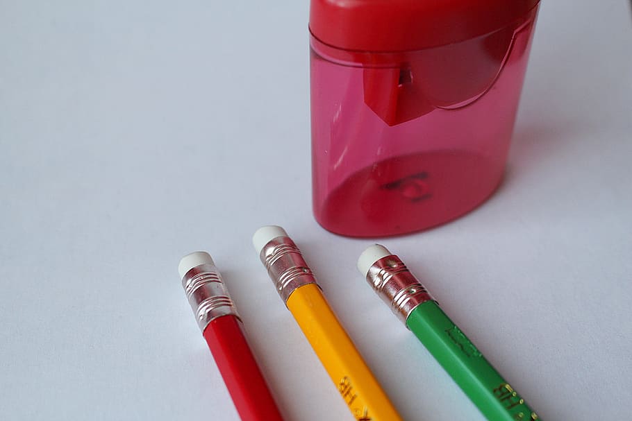 pencils, sharpener, eraser, rubber, close-up, pencil, studio shot, pink color, education, indoors