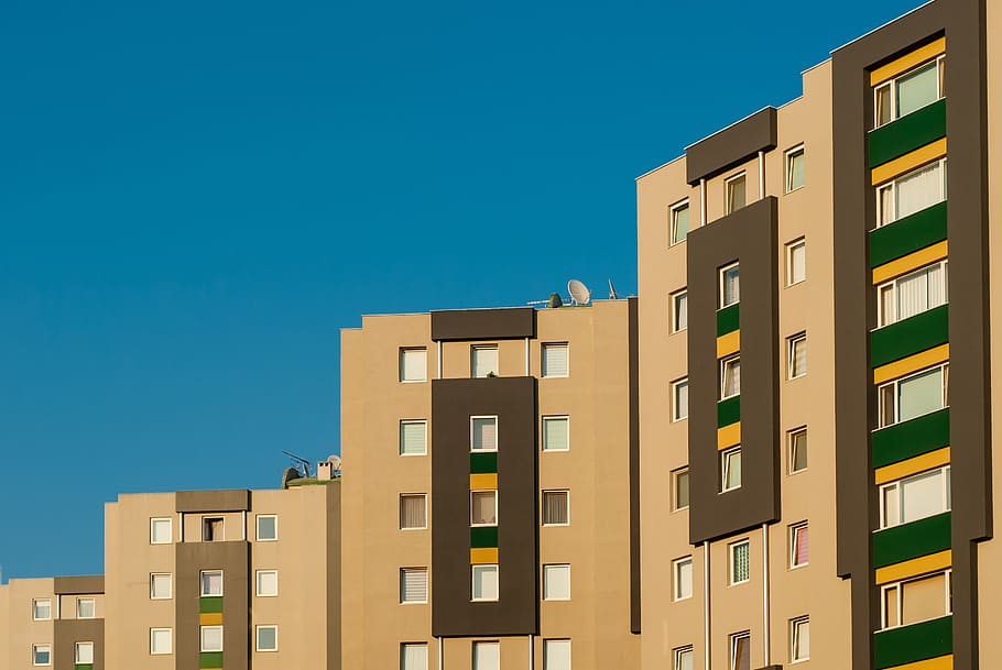 white building illustration, building, sky, blue, circle, home, yellow, rent, credit, neighbor