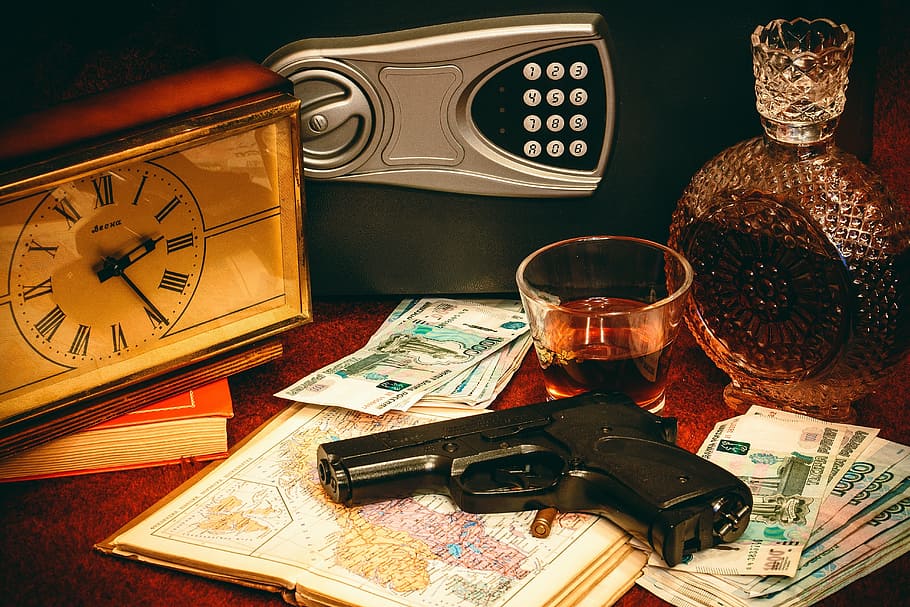 pistol, top, map paper, safety deposit box, gun, money, clock, ruble, table, publication
