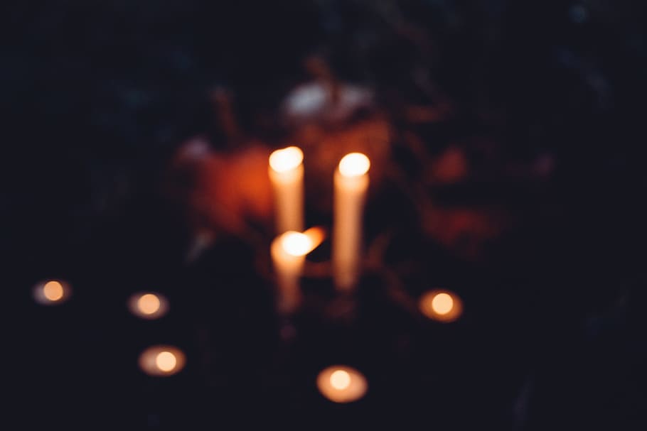 three lighted candles, autumn, black, blur, blurred, candle, candles, celebration, ceremonial, creepy