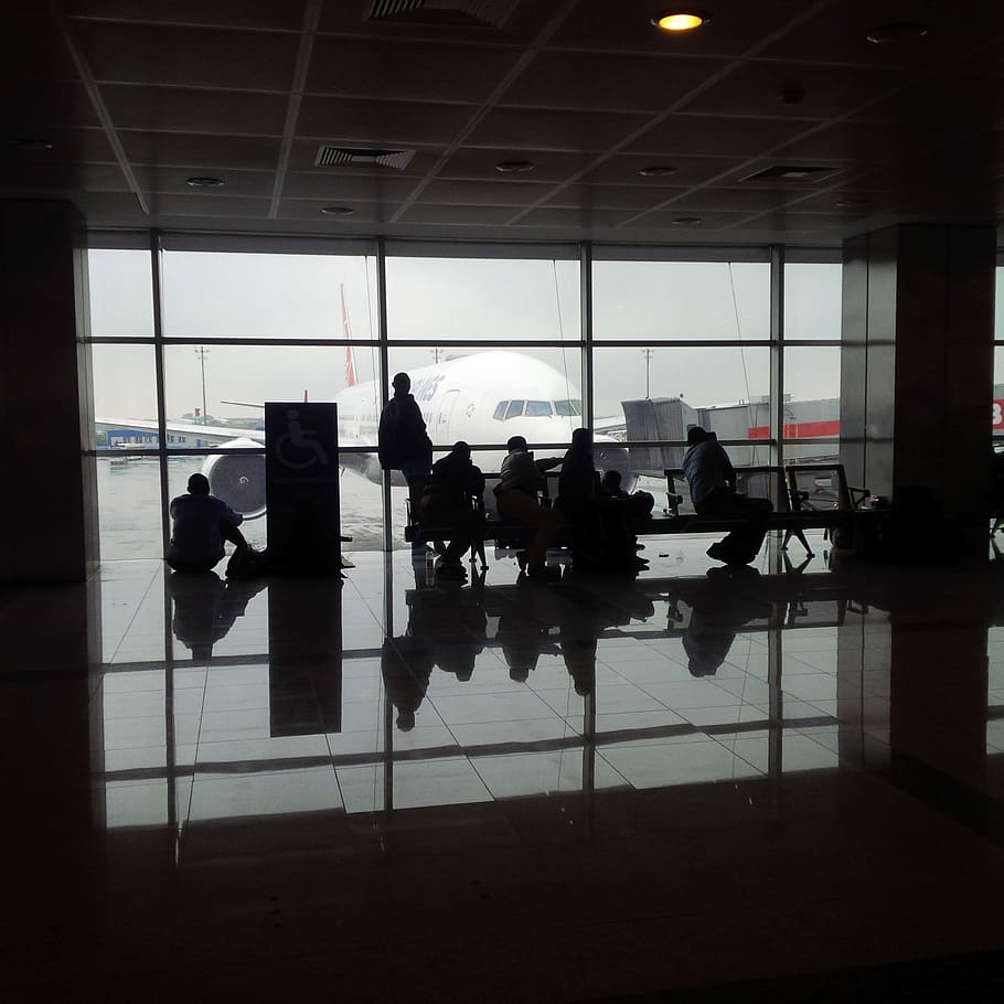 Airport, Waiting, Airplane, Departure, people, window, against light, travel, silhouette, passenger