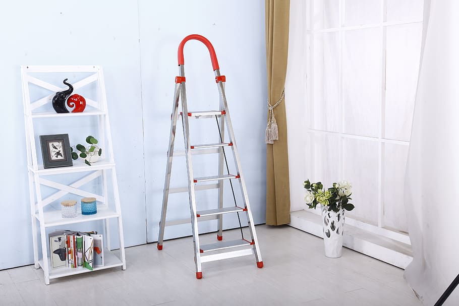 folding ladder, stainless steel, safety ladders, indoors, white color, step ladder, ladder, red, day, still life