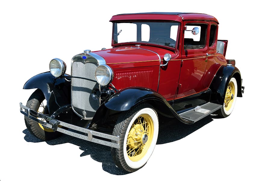 classic, red, ford model t car, window, coupe, vintage car, antique, old, retro, restored