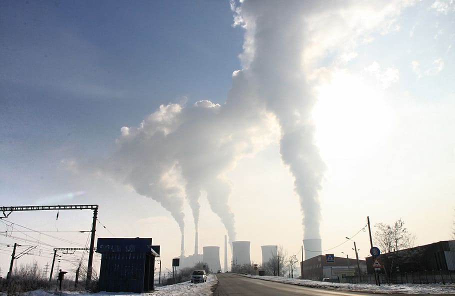 узкий, Дорога, Ядерная, электростанция, Загрязнение, дым, Стек, Выбросы, Промышленность, Steam