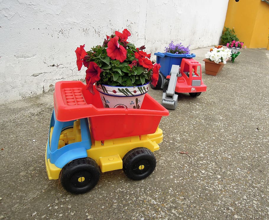 toys, toy truck, trailer, plant pot, flowerpot, flowers, plastic, toy, flower, mode of transportation