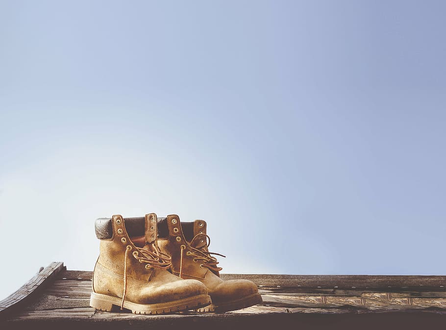 brown, leather work boots, table, selective, focus, photography, one, pair, wheat, nubuck