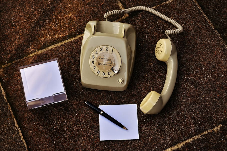 beige, rotary, telephone, white, paper, retractable, pen, old phone, 60s, 70s